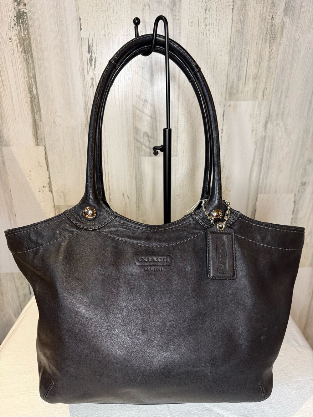 COACH Bleeker Black Leather Shoulder Tote with Legacy Stripe Lining 09’ 14383 - Picture 3 of 9